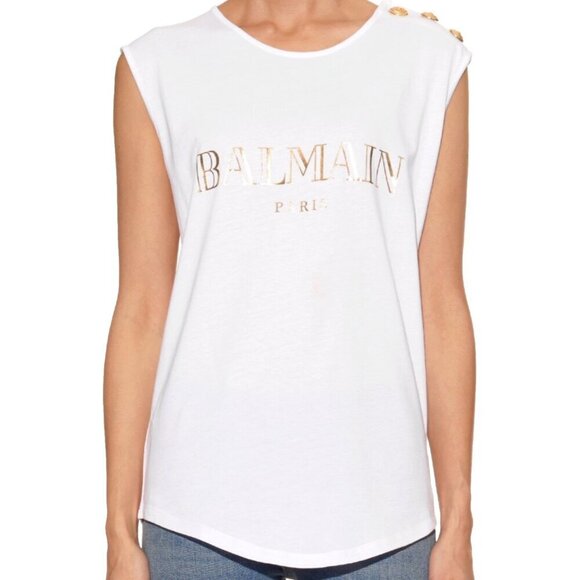 Balmain Tops - Balmain Women Size 36 XS White Gold Logo Lion Shoulder Button Distressed T-Shirt